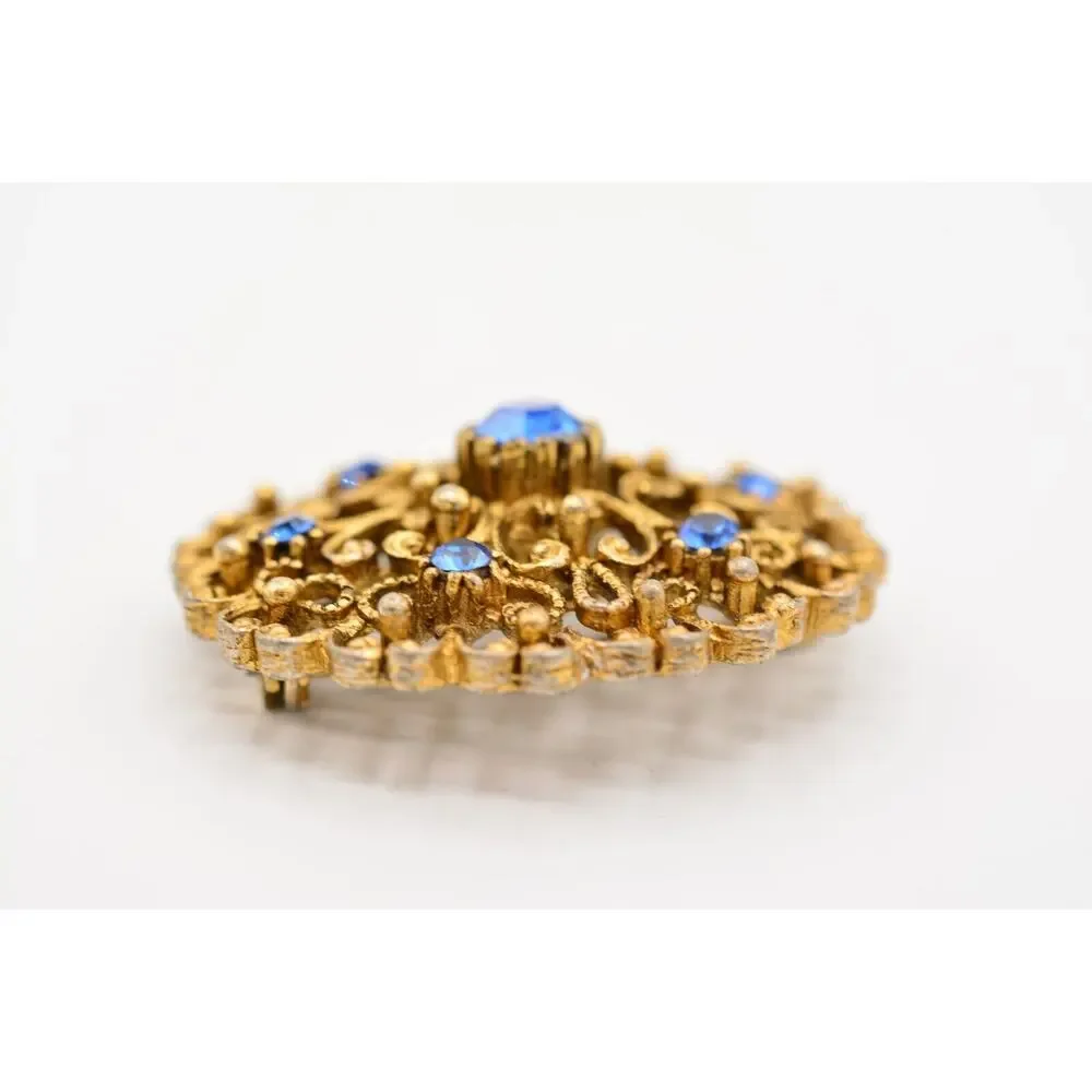 JJ Vintage Pin Brooch Blue Rhinestone Crystal Antiqued Gold Signed 1980s Bin7
